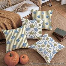 4 piezas Fundas de cojín con estampado de hojas de arce, calabaza, ardilla y erizo en rayas azul-verde de otoño, material de piel de durazno de terciopelo amigable con la piel impreso en un solo lado, fundas de almohada de 45*45CM adecuadas para decoración del hogar, dormitorio, sala de estar, habitación, fiesta, vacaciones, decoración de sofá, regalo, sin relleno de almohada - Multicolor - Ver 7