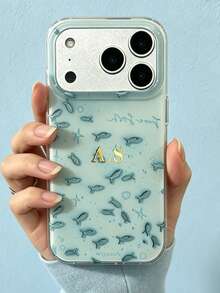 [Customized] Personalized Customized Letters Golden Custom Name Shell Small Fish Pattern Phone Case Compatible With IPhone 17 Pro Max 17 16 15 14 13 12 Pro Max 14 15 16 Plus Shockproof Protective Cover - Blue - View 13