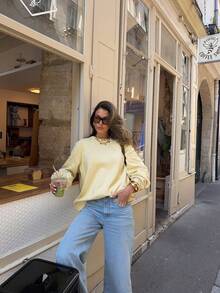 Plus Size Women's Solid Color Minimalist Long Sleeve Loose Pullover, Suitable For Young Women's Casual Daily Commute And Afternoon Tea Fall - Yellow - View 4