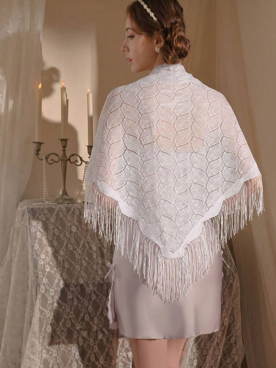 1pc Women's French Vintage Maple Leaf Lace Triangle Shawl, Elegant Bridal Wedding Evening Wrap, Breathable Sun Protection Scarf For Spring/Summer, Photo-Worthy Accessory - Multicolor - View 1
