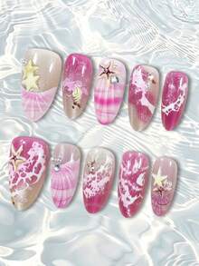 10 Peças Unhas Postiças Médias em Formato de Amêndoa, Unhas de Verão com Textura 3D de Concha e Decoração de Estrela de Pérola Branca, Unhas Francesas de Cobertura Total, Unhas Falsas, Adequadas para Uso Diário de Mulheres e Meninas. - Rosa Bebê - Visão 1