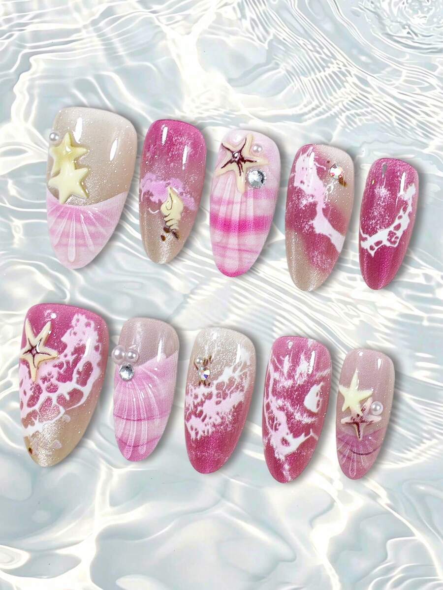 10 Peças Unhas Postiças Médias em Formato de Amêndoa, Unhas de Verão com Textura 3D de Concha e Decoração de Estrela de Pérola Branca, Unhas Francesas de Cobertura Total, Unhas Falsas, Adequadas para Uso Diário de Mulheres e Meninas. - Rosa Bebê - Visão 1