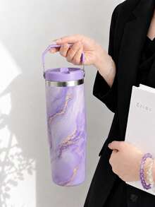 1個 30oz/900ml 垂直條紋蝴蝶結印花保溫隨行杯，馬卡龍四色少女風 304不鏽鋼冰飲杯，可折疊手把，翻蓋吸管防漏杯蓋，真空長效保溫保冷杯，可重複使用大容量水壺，適合學校、通勤、車內、戶外健身、旅行，秋季水壺，旅行必備，聖誕禮物，大學必備，送給女性的禮物 - 彩色 - 查看 14