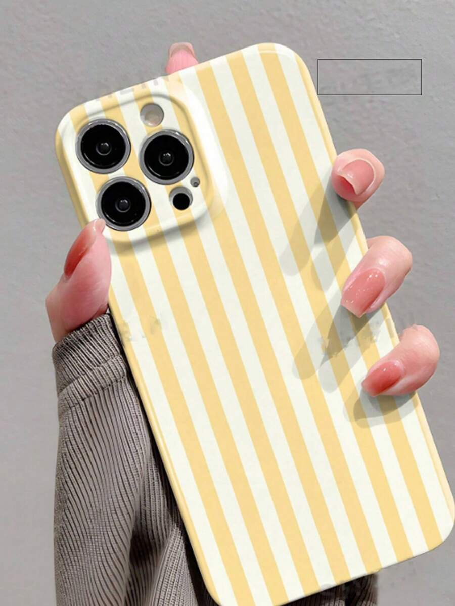 1件極簡女孩風條紋圖案穿孔亮面薄膜全包覆硬殼手機殼，適用於 iPhone 11/12/13/14/15/16 Pro Max - 彩色 - 查看 1