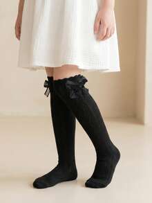1 Pair Cotton Bow Girls Socks, Cute Children's Mid-Calf Socks, Spring Summer Autumn Girls Ruffle Socks, Princess Socks - Black - View 2