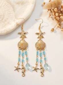 1 Pair Ocean Theme Tassel Earrings, Golden Artificial Starfish And Shell Design With Blue-Green Beaded Chain And Seahorse Pendant, Fresh Bohemian Style, Suitable For Vacation Wear Or Young Women Who Love Ocean Elements, Holiday Gift - Yellow Gold - View 3