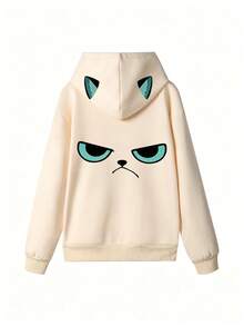 Sweatshirt Berkerudung dengan Telinga Kucing 3D, Gambar Kucing Marah di Bagian Belakang, Atasan Streetwear Serbaguna Gaya Gadis Imut, Koleksi Musim Gugur - Aprikot - View 5