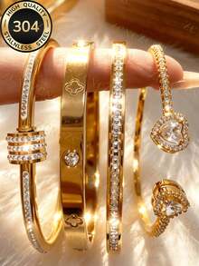 ZCNC Znice 18K Gold Plated Stainless Steel 304 Stainless Steel + Copper, Rhinestone Lucky Four-Leaf Clover And Multiple Sparkling Full Rhinestone Stackable Bracelet Set, Luxury Mother's Day Vacation Daily Gathering Jewelry - Gold - View 2