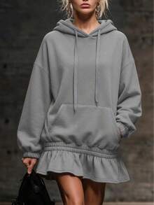 European & American Street Casual Hooded Sweatshirt Dress For Women, Drawstring Hood, Kangaroo Pocket, Dropped Shoulder, Long Sleeve, Ruffle Hem, Patchwork, Loose Fit, Slimming, Sporty Style, Short Dress - Grey - View 4