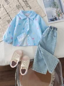2pcs Baby Girl Casual Colorful Bow Print Striped Long Sleeve Cuffed Shirt & Back Pocket Embroidered Denim Pants Set, Thin For Spring/Autumn - Blue and White - View 4