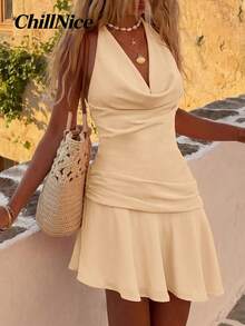 Women's Peach Draped Neck Draped Collar Dress, Tie Back With Ruched Waist Detail, Versatile Mini Dress, Suitable For Brunch, Outings And Summer Wear - Apricot - View 7