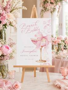 客製化「Brunch & Bubbles」主題新娘婚前派對展示牌－粉色香檳雞尾酒與蝴蝶結裝飾海報；客製化歡迎泡沫板背景牆；優雅花卉、紅酒杯與甜點風格派對裝飾及拍照道具（不含支架） - 彩色 - 查看 2