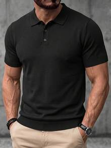 Camisa polo de punto de unicolor casual de uso diario para hombres, camiseta con cuello, primavera/verano - Negro - Ver 2