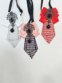Vintage Houndstooth Bow Tie Necklace, Satin Bow With Rhinestone Decor Neckpiece, Preppy Shirt Collar Accessory - Tie - View 7