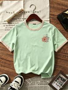 Tween Girl 1pc Tropical Sea Turtle Vacation Print Colorblock Short Sleeve Pullover T-Shirt, Student Youth Tween Girl Summer Top - Mint Green - View 5