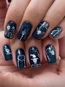 24pcs Square Wearable Nails, Blue Medium-Long Skull And Floral Pattern Fake Nails, Halloween Nail Art - Multicolor - View 1