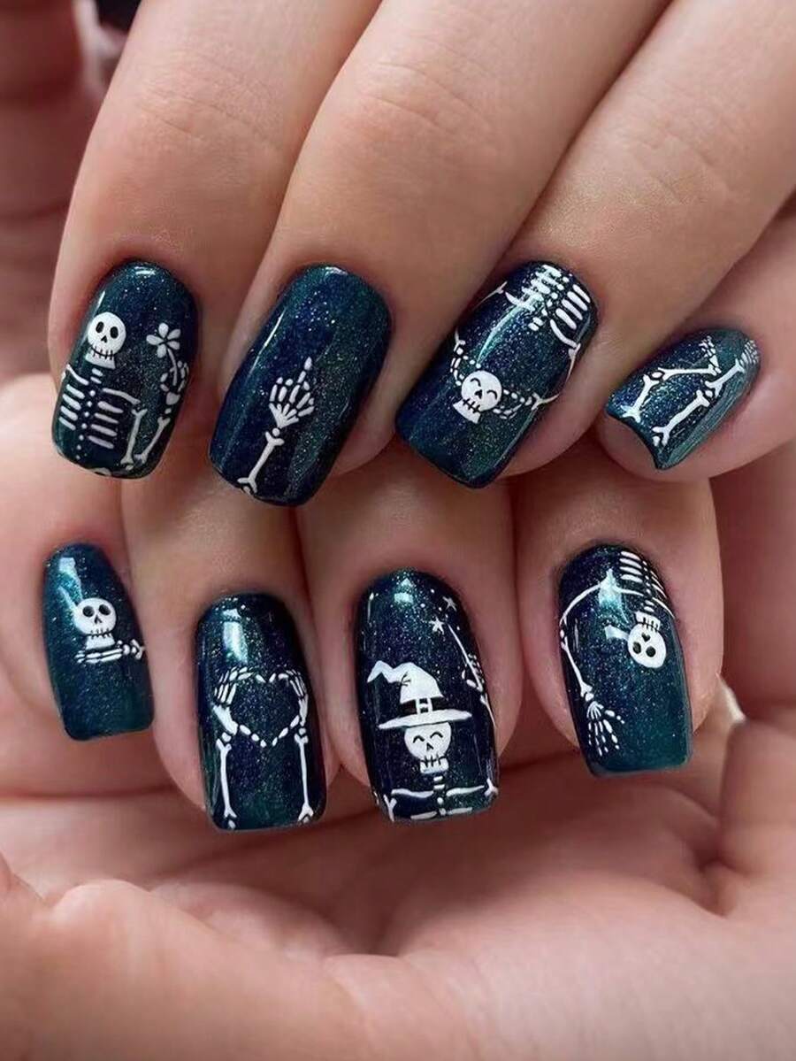24pcs Square Wearable Nails, Blue Medium-Long Skull And Floral Pattern Fake Nails, Halloween Nail Art - Multicolor - View 1