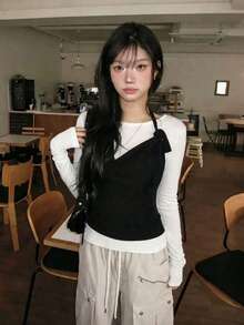 韓系小眾設計掛脖背心與掛脖長袖T恤2件式疊穿修身套裝 女款 白色優雅 - 白色 - 查看 3