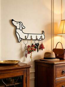 White Dachshund Wall Hook Storage Rack, Wooden Key Holder With 4 Hooks, Suitable For Bedroom And Office Decor, Modern Style Metal Clip, Housewarming Gift - Multicolor - View 5