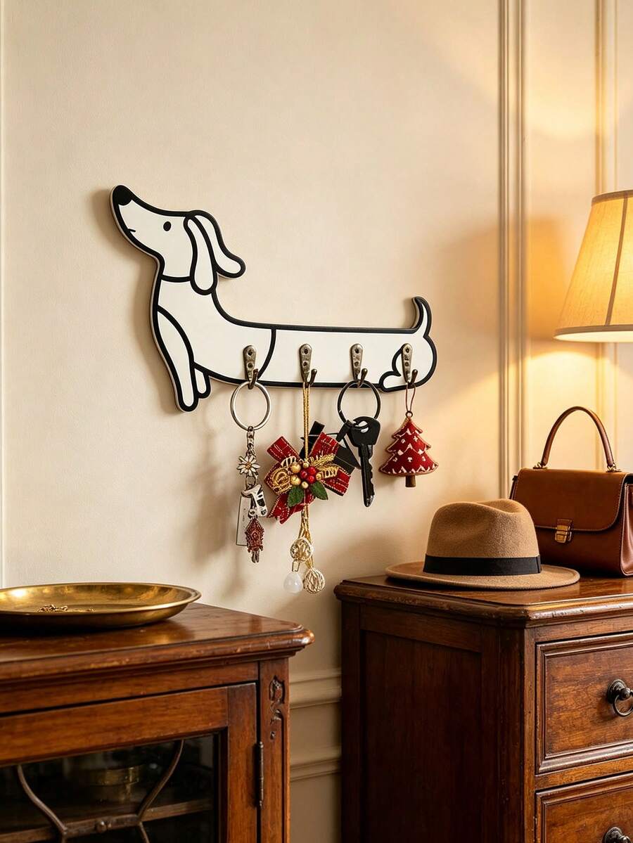 White Dachshund Wall Hook Storage Rack, Wooden Key Holder With 4 Hooks, Suitable For Bedroom And Office Decor, Modern Style Metal Clip, Housewarming Gift - Multicolor - View 1