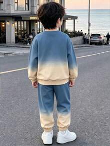 男童春秋休閒套裝，字母印花漸層紮染圓領衛衣搭配漸層慢跑運動長褲，百搭日常上學穿搭 - 杏色 - 查看 4