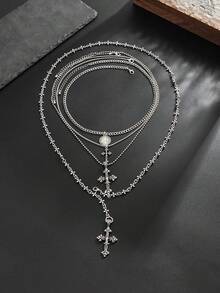 4pcs Gothic Punk Cross Pendant Necklace Set, Long Metal Chain Necklaces, Can Be Worn Separately Or Layered, Men's Personalized Charm Jewelry, Holiday Gift - 4pcs - View 3