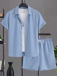 Plus Size Men's Shirt Set, Short Sleeve Shirt And Shorts 2-Piece Set, Solid Color Machine Washable, Plus Size - Baby Blue - View 4