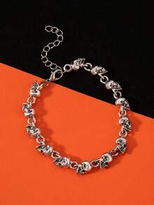 1pc Gothic Punk Skull Chain Bracelet, Halloween Jewelry Decoration - Antique Silver - View 5