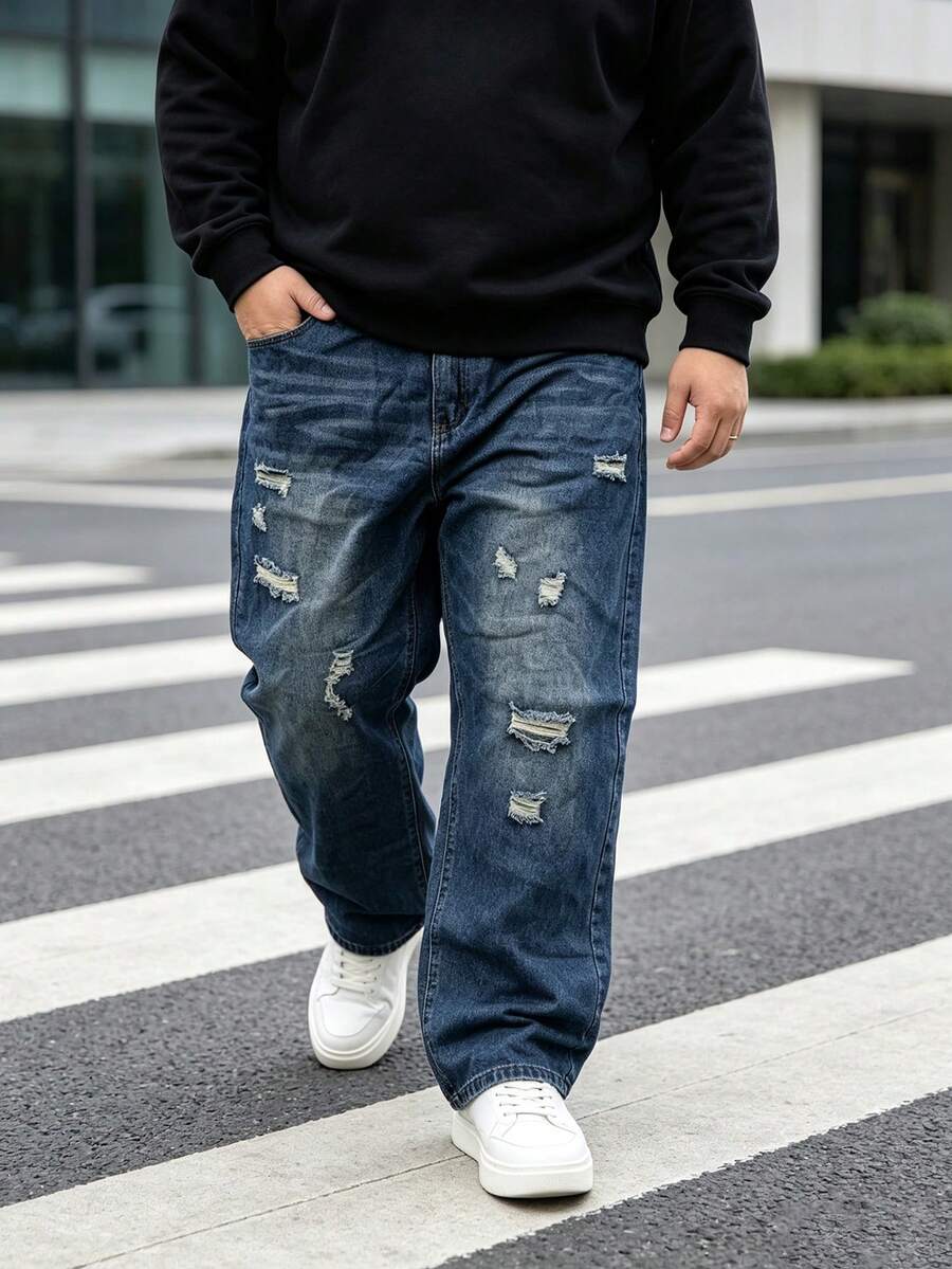 Men Elastic Waist Vintage Ripped Straight Jeans, Multifunctional Non-Stretch Plus Size Distressed Blue Loose Denim Street Pants - Navy Blue - View 1