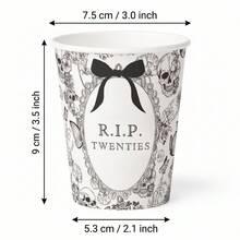 10/20/60pcs,Coquette White RIP Twenties 30th Birthday Paper Cups, Gothic Skull And Bow 9oz Disposable Paper Cups,Vintage Sketch Skull Floral Black Bow Drinking Cups For 30th Birthday, Gothic Thirty Birthday Table Supplies,Halloween Party Table Decor - Style Type B - View 6
