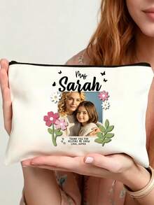 Custom Photo Canvas Zipper Pouch Personalized Teacher Name Floral Butterfly Frame Makeup Bag, Custom Upload Picture Teacher Appreciation Gift With Daisy Border, Stationery Cosmetic Storage Bag For Teacher's Day Back To School Daily Carry Organizer - Multicolor - View 9