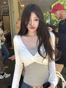 2-In-1 Knot Design Striped Long Sleeve T-Shirt Contrast Color Knit Top Casual White - White - View 6