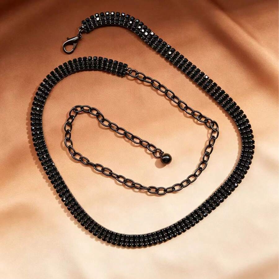 Multi-Strand Rhinestone Waist Chain, Adjustable Tassel Extension Chain, Sparkling Rhinestone Waist Accessory, Evening Party Jewelry, Metal Pendant Chain - Black - View 1