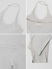 TimeOff Jumpsuit Wanita Satu Potong Warna Polos Model U-Neck Halter Tanpa Punggung dengan Tali Bahu yang Dapat Diatur dan Belahan Samping, Model Atletik Panjang Sedang - Grey - View 4