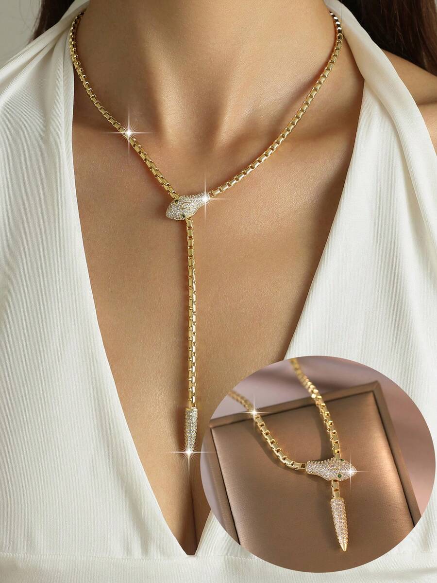1pc Punk Metallic Snake Cube Cubic Zirconia Y-Shaped Necklace, Women's Daily Decoration, Suitable For Music Festivals, Back To School Season, Copper Jewelry - Golden Yellow - View 1