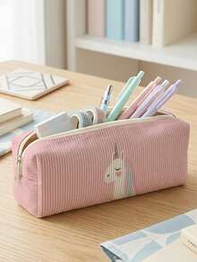 1個粉色獨角獸印花燈芯絨筆袋，拉鍊大容量文具收納包，適合學生學校日常學習使用 - 彩色 - 查看 2