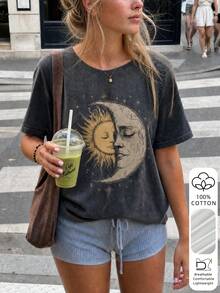 女款神秘日月臉圖案短袖T恤，輕量透氣100%純棉圓領上衣 - 深灰 - 查看 2