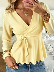 Elegant Fashion Cross V-Neck Waist Tie Design Women's Long Sleeve Top, Autumn/Winter New Style, Suitable For Daily Commute Wear - Yellow - View 5