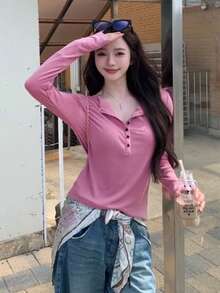 Half-Open Collar Solid Color Button Long Sleeve T-Shirt Early Autumn Design Women's Top - Hot Pink - View 9