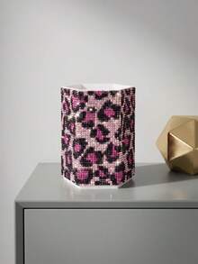Rhinestone Leopard Print Hexagonal Makeup Brush Holder, Large Capacity, Surface Inlaid With Colorful Rhinestones, Luxury Sparkling Style, Full Rhinestone Pattern, Hexagonal Column Shape, Neat Edge Details, Makeup Tool Container, Suitable For Bedroom Vanity, Makeup Room Desktop And Other Scenes - Multicolor - View 3