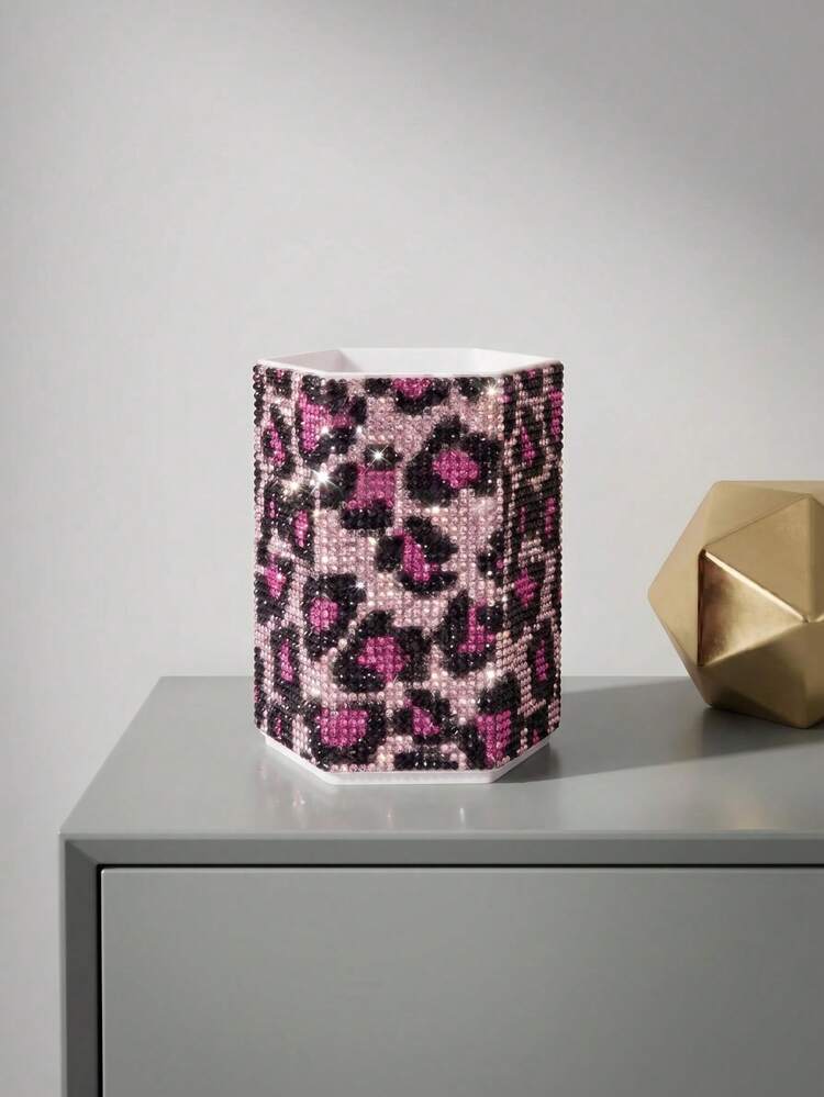 Rhinestone Leopard Print Hexagonal Makeup Brush Holder, Large Capacity, Surface Inlaid With Colorful Rhinestones, Luxury Sparkling Style, Full Rhinestone Pattern, Hexagonal Column Shape, Neat Edge Details, Makeup Tool Container, Suitable For Bedroom Vanity, Makeup Room Desktop And Other Scenes - Multicolor - View 3