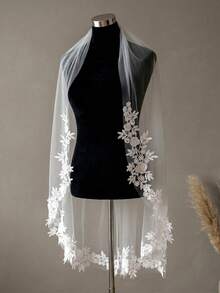 1pc Lace Floral Trim Fingertip Length Bridal Veil, White Soft Tulle With Hair Comb, Wedding Pre-Wedding Party Registration Ceremony Bridal Accessory - Multicolor - View 4