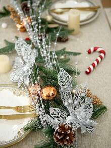 6pcs/1pc Silver Christmas Tree Decoration Set, Artificial Glitter Berry Sprigs, Suitable For Christmas Tree Decoration, Gifts, Small Vases, Home Holiday, Wedding Party Decor; Christmas Decoration, Artificial Glitter Christmas Tree Decoration Sprigs, Includes 5 Artificial Glitter Berry Sprigs And 1 Glitter Berry Flower Ornament, For Christmas Tree, Gifts, New Year's Eve Decor - Silver - Silver - View 6