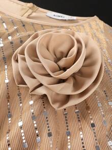 AOMEI 優雅高貴亮片透視 3D 花卉雪紡百褶中長洋裝，奶油卡其色，適合婚禮賓客、生日派對與商務活動 - 杏色 - 查看 4
