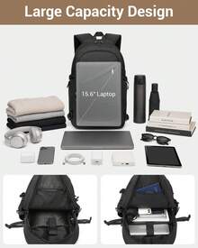 Laptop Backpack 15.6 Inch Large Travel Rucksack USB Charging Port Anti Theft Lock Water Resistant Computer Backpack For Men Women School Office - 黑色 - 查看 7