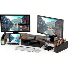Desk Dual Monitor Stand Riser With Drawer, Rustic Brown - View 1