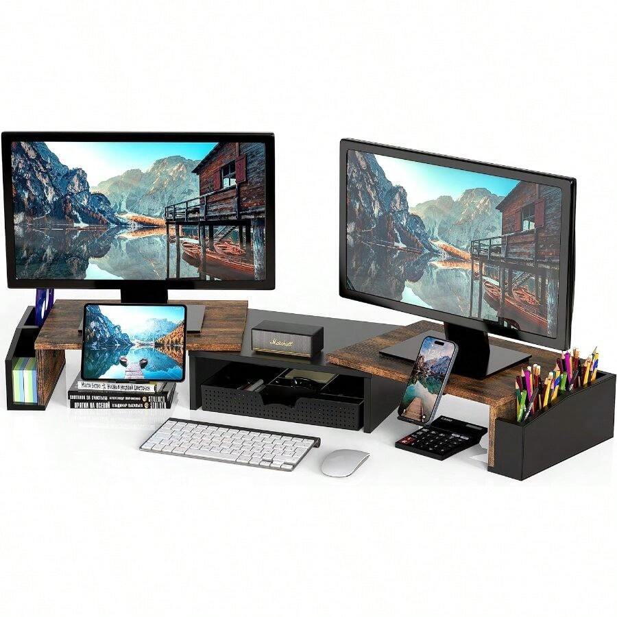 Desk Dual Monitor Stand Riser With Drawer, Rustic Brown - View 1