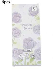 6Pcs Purple Tulip & Rose Print Retractable Gel Pens, 0.5mm Black Ink, Quick-Dry Smooth Writing, Ideal For School, Office, Journaling & Daily Use, Cute Floral Stationery Gift For Students - L - View 7