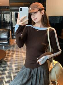 Contrast Color Ribbed Off-Shoulder Split Sleeve Slim Fit Knit Top - Coffee Brown - View 3