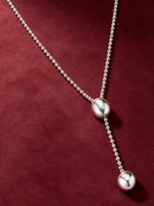 1pc Silver Plated Luxury Round Bead Y-Shaped Adjustable Necklace, Suitable For Women's Daily Wear And Dating, Elegant Versatile Sweater Chain Brand Jewelry - Telescopic Necklace - View 5